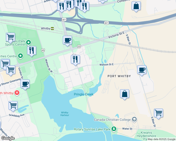 map of restaurants, bars, coffee shops, grocery stores, and more near 1716 Dufferin Street in Whitby