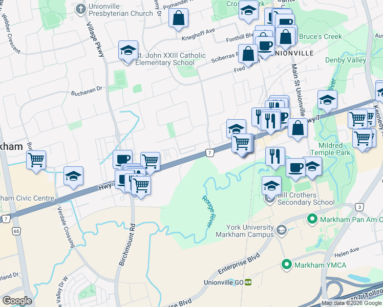 map of restaurants, bars, coffee shops, grocery stores, and more near in Markham