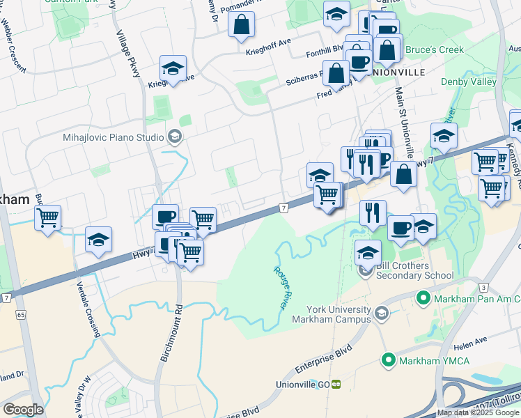 map of restaurants, bars, coffee shops, grocery stores, and more near 4142 Highway 7 in Markham