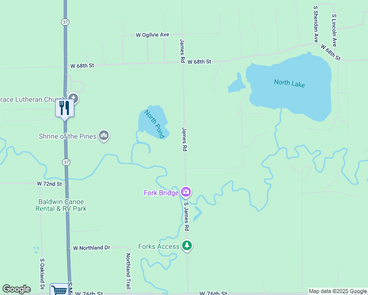 map of restaurants, bars, coffee shops, grocery stores, and more near 8543 James Road in Baldwin