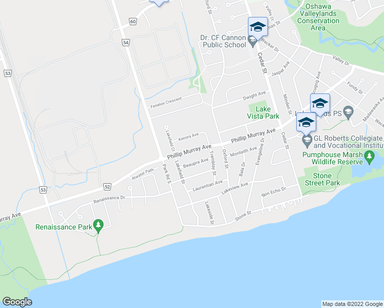 map of restaurants, bars, coffee shops, grocery stores, and more near in Oshawa