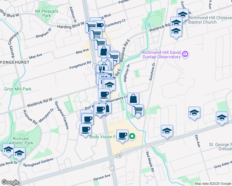 map of restaurants, bars, coffee shops, grocery stores, and more near 9555 Yonge Street in Richmond Hill