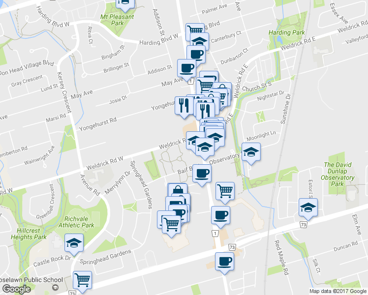 map of restaurants, bars, coffee shops, grocery stores, and more near in Richmond Hill