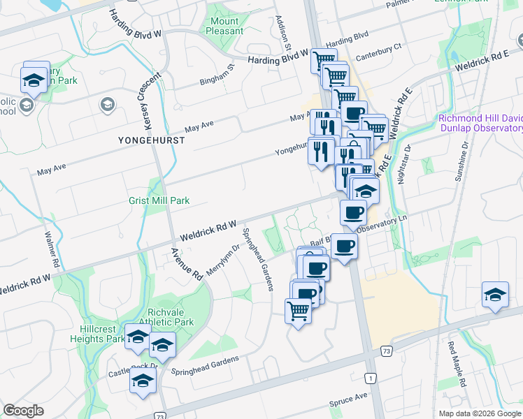 map of restaurants, bars, coffee shops, grocery stores, and more near 52 Weldrick Road West in Richmond Hill