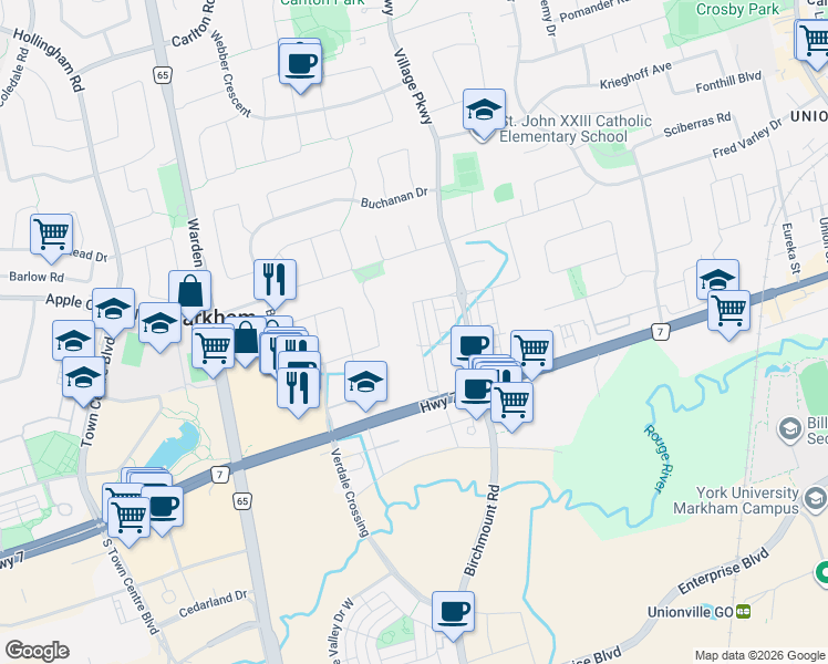 map of restaurants, bars, coffee shops, grocery stores, and more near 12 McClary's Way in Markham