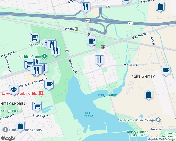 map of restaurants, bars, coffee shops, grocery stores, and more near 1636 Charles Street in Whitby