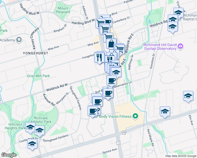 map of restaurants, bars, coffee shops, grocery stores, and more near 5 Weldrick Road West in Richmond Hill
