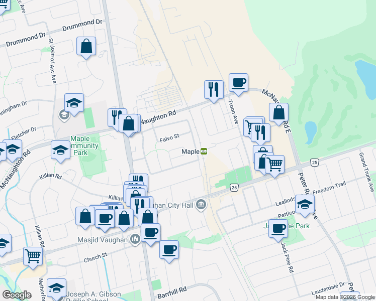 map of restaurants, bars, coffee shops, grocery stores, and more near 92 Denton Circle in Vaughan