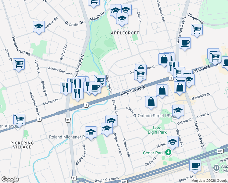 map of restaurants, bars, coffee shops, grocery stores, and more near in Ajax
