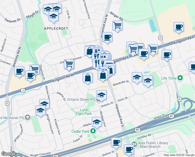 map of restaurants, bars, coffee shops, grocery stores, and more near 23 Chalmers Crescent in Ajax