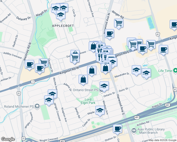 map of restaurants, bars, coffee shops, grocery stores, and more near 47 Gardiner Drive in Ajax