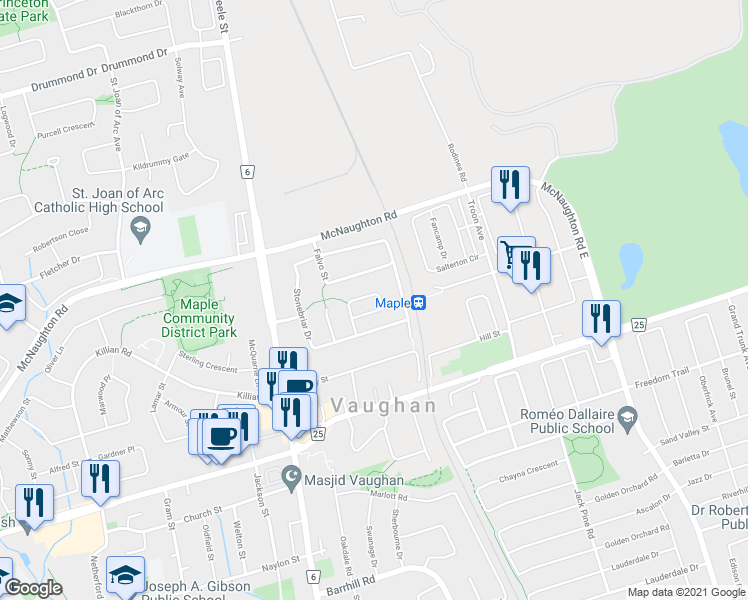 map of restaurants, bars, coffee shops, grocery stores, and more near 67 Denton Circle in Vaughan