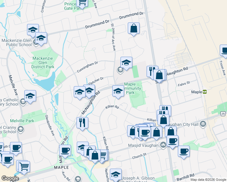 map of restaurants, bars, coffee shops, grocery stores, and more near 154 Oliver Lane in Vaughan