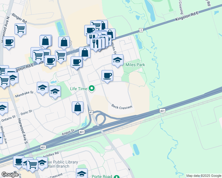 map of restaurants, bars, coffee shops, grocery stores, and more near 75 Chambers Drive in Ajax