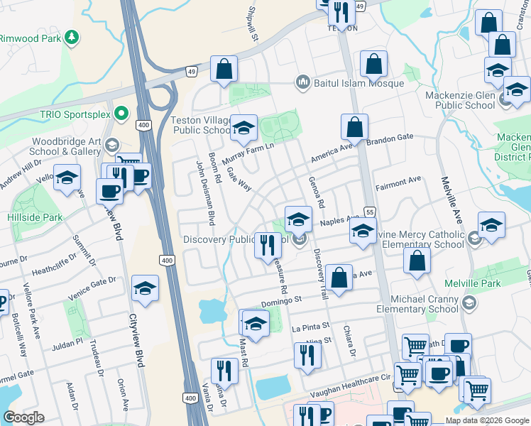 map of restaurants, bars, coffee shops, grocery stores, and more near 27 Treasure Road in Vaughan