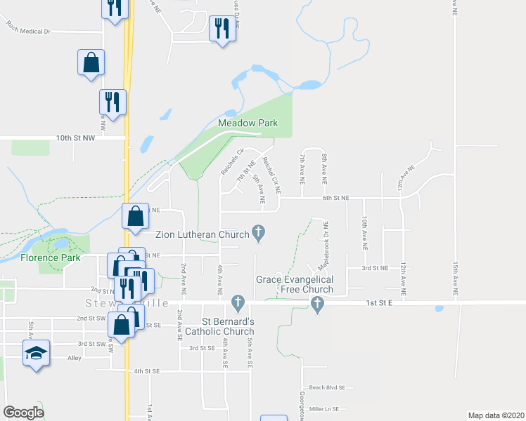 map of restaurants, bars, coffee shops, grocery stores, and more near in Stewartville