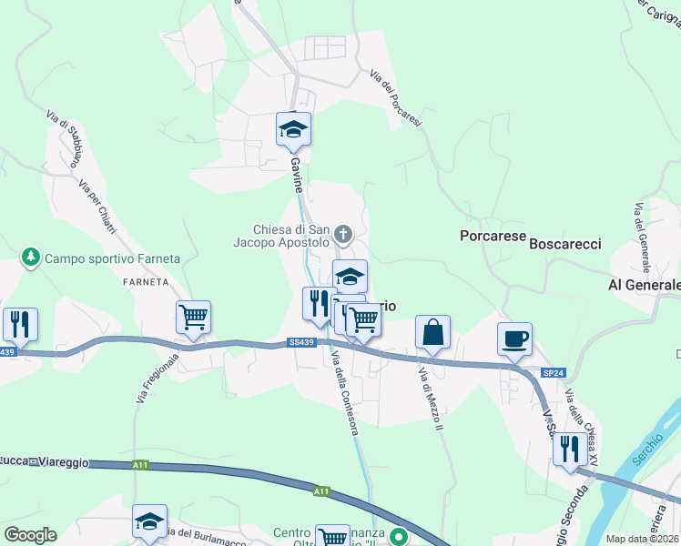 map of restaurants, bars, coffee shops, grocery stores, and more near 215/M Via delle Gavine in Lucca