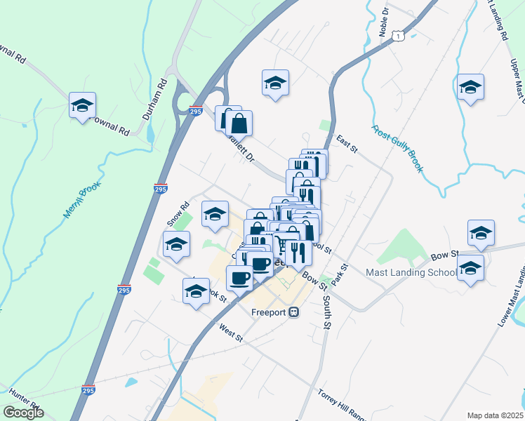 map of restaurants, bars, coffee shops, grocery stores, and more near 12 Elm Street in Freeport