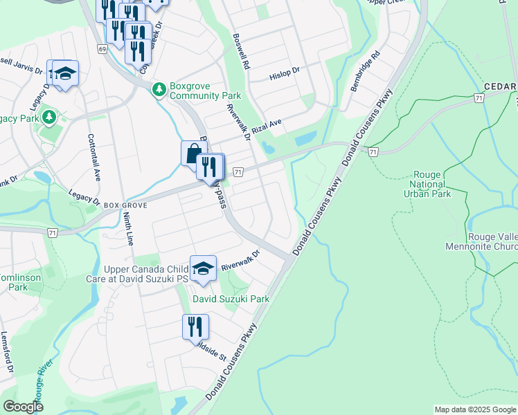 map of restaurants, bars, coffee shops, grocery stores, and more near 22 Andriana Crescent in Markham
