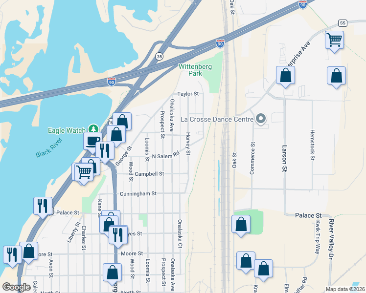 map of restaurants, bars, coffee shops, grocery stores, and more near 2628 Onalaska Avenue in La Crosse