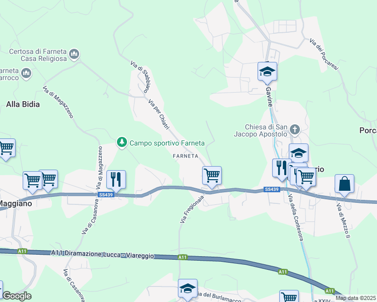 map of restaurants, bars, coffee shops, grocery stores, and more near 424 Via per Chiatri in Lucca
