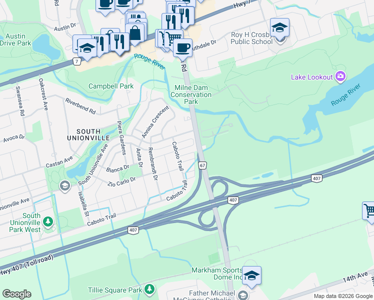 map of restaurants, bars, coffee shops, grocery stores, and more near 65 Cariglia Trail in Markham