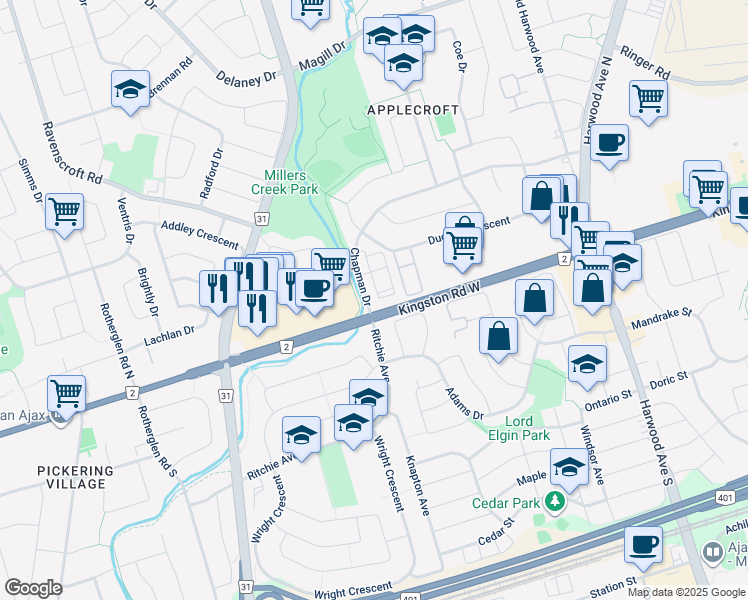 map of restaurants, bars, coffee shops, grocery stores, and more near in Ajax