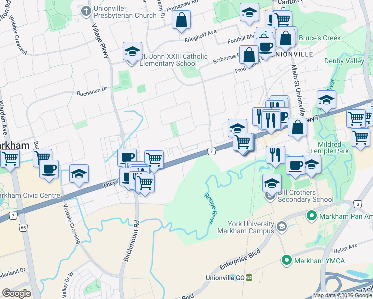 map of restaurants, bars, coffee shops, grocery stores, and more near 125 Lichfield Road in Markham