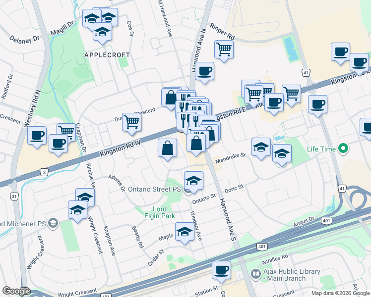 map of restaurants, bars, coffee shops, grocery stores, and more near 25 Chalmers Crescent in Ajax