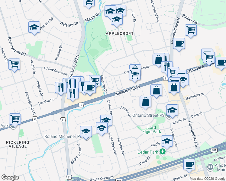 map of restaurants, bars, coffee shops, grocery stores, and more near in Ajax