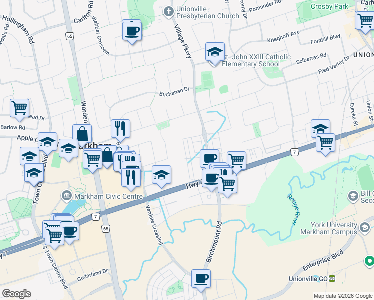 map of restaurants, bars, coffee shops, grocery stores, and more near 76 William Saville Street in Markham