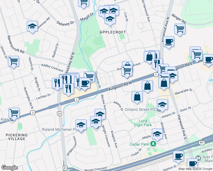 map of restaurants, bars, coffee shops, grocery stores, and more near 78 Abela Lane in Ajax