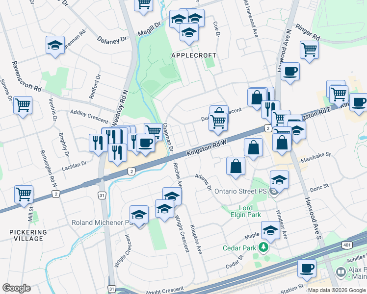 map of restaurants, bars, coffee shops, grocery stores, and more near in Ajax