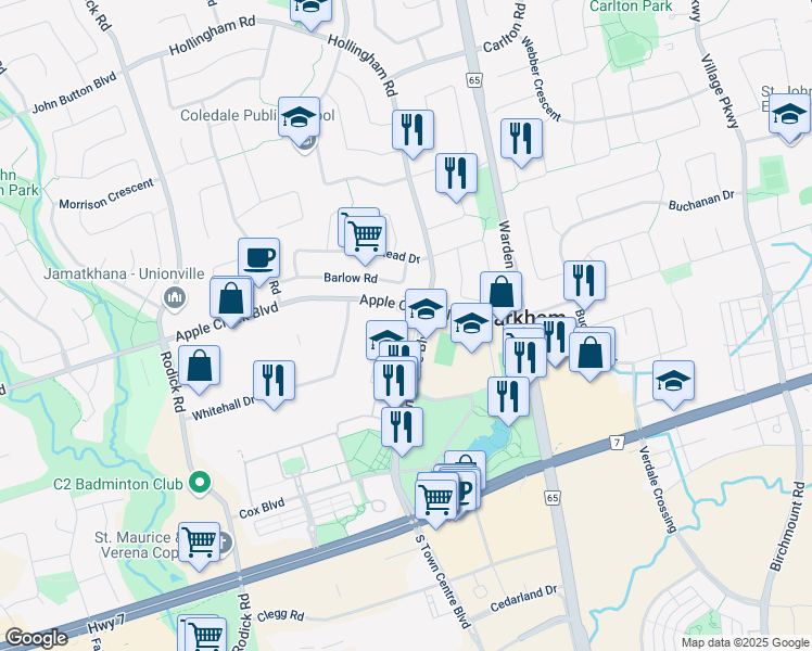 map of restaurants, bars, coffee shops, grocery stores, and more near 306 Town Centre Boulevard in Markham