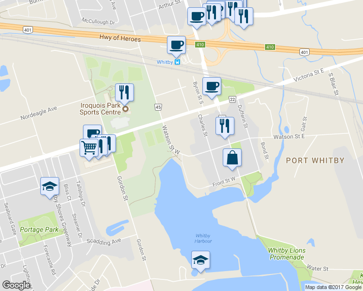 map of restaurants, bars, coffee shops, grocery stores, and more near in Whitby