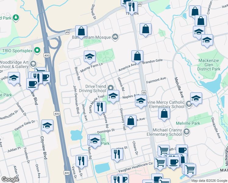 map of restaurants, bars, coffee shops, grocery stores, and more near 8 Santa Maria Trail in Vaughan