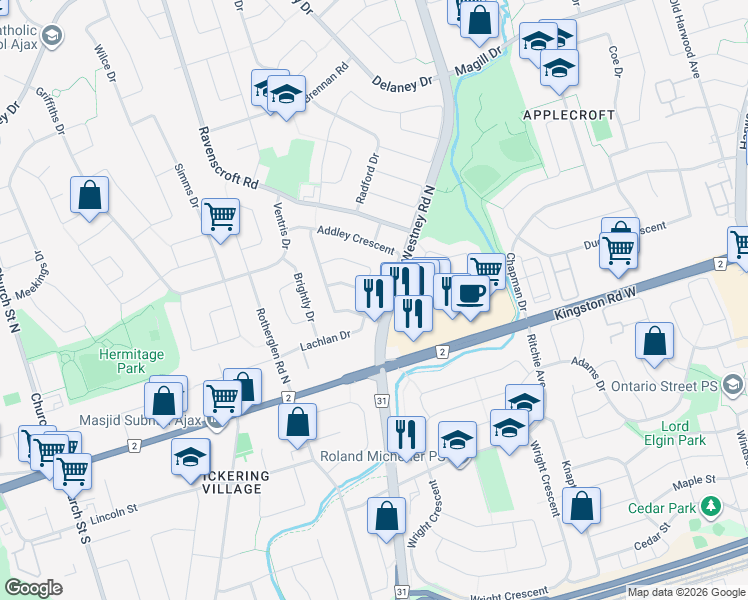 map of restaurants, bars, coffee shops, grocery stores, and more near 21 Addley Crescent in Ajax