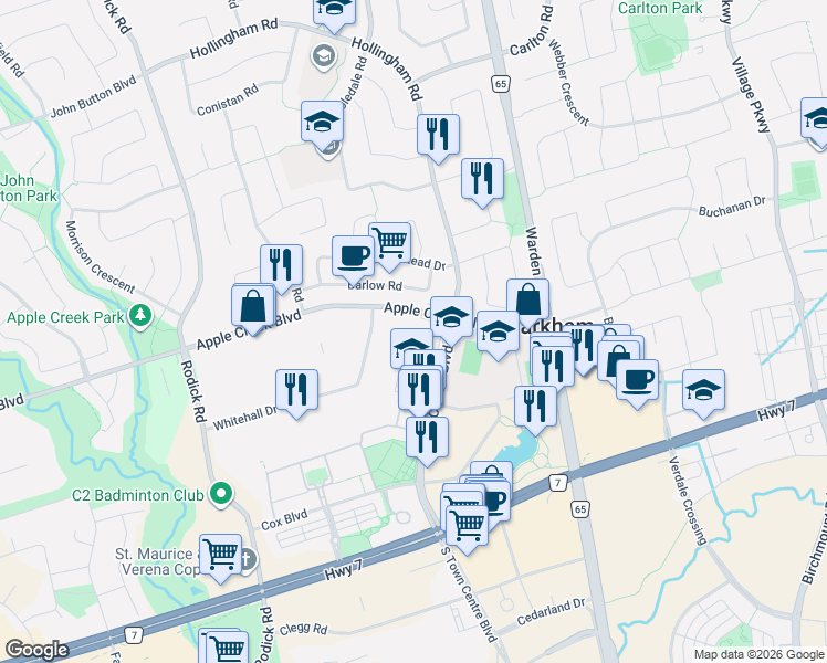 map of restaurants, bars, coffee shops, grocery stores, and more near 302 Town Centre Boulevard in Markham