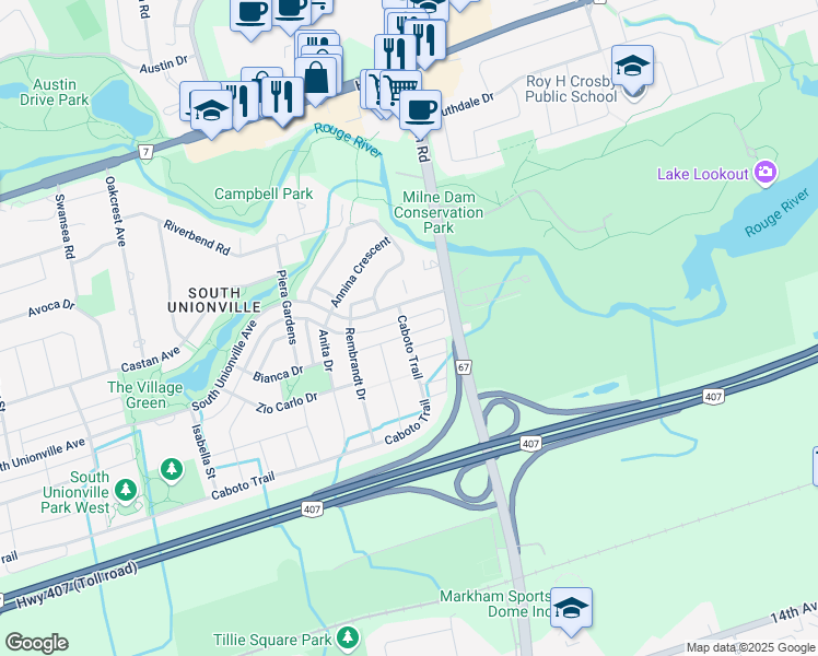 map of restaurants, bars, coffee shops, grocery stores, and more near 803 Caboto Trail in Markham