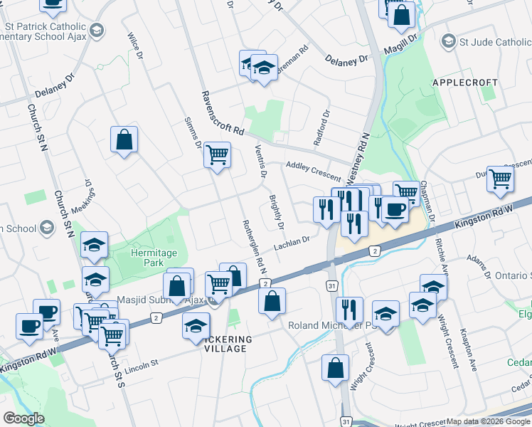 map of restaurants, bars, coffee shops, grocery stores, and more near 19 Deverill Crescent in Ajax