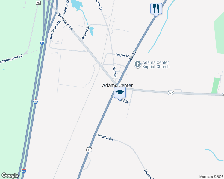 map of restaurants, bars, coffee shops, grocery stores, and more near 13235 Us Route 11 in Adams Center