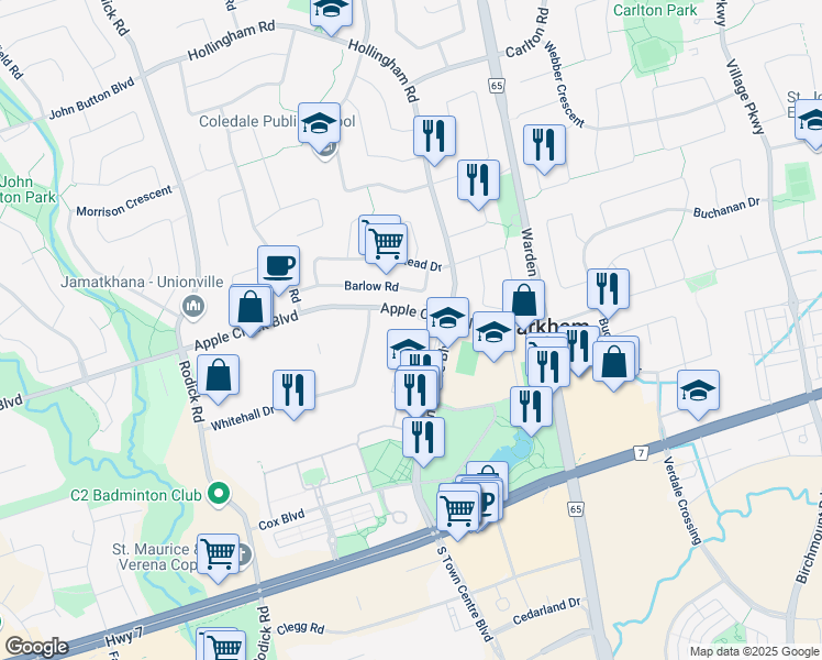 map of restaurants, bars, coffee shops, grocery stores, and more near 306 Town Centre Boulevard in Markham