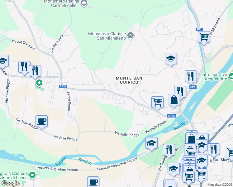 map of restaurants, bars, coffee shops, grocery stores, and more near in Lucca