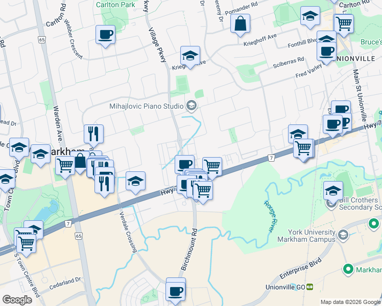 map of restaurants, bars, coffee shops, grocery stores, and more near 10 Brian Way in Markham