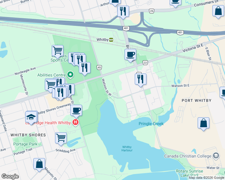 map of restaurants, bars, coffee shops, grocery stores, and more near 340 Watson Street West in Whitby