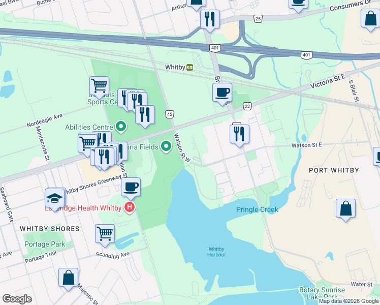 map of restaurants, bars, coffee shops, grocery stores, and more near 340 Watson Street West in Whitby