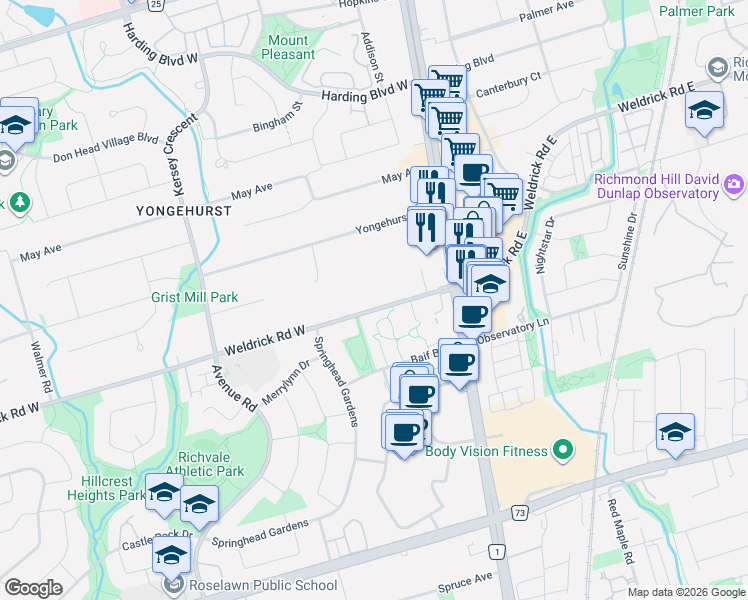 map of restaurants, bars, coffee shops, grocery stores, and more near 38 Weldrick Road West in Richmond Hill