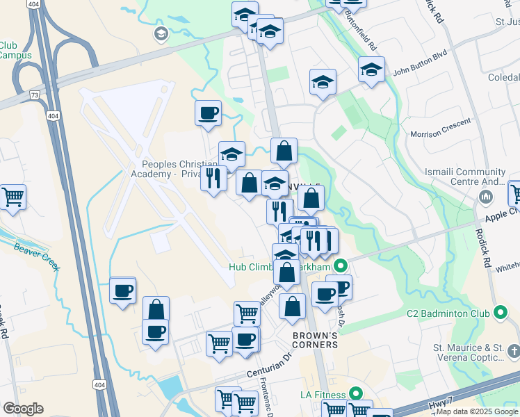 map of restaurants, bars, coffee shops, grocery stores, and more near 145 Renfrew Drive in Markham