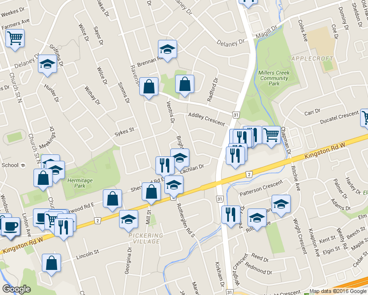 map of restaurants, bars, coffee shops, grocery stores, and more near 29 Brightly Drive in Ajax