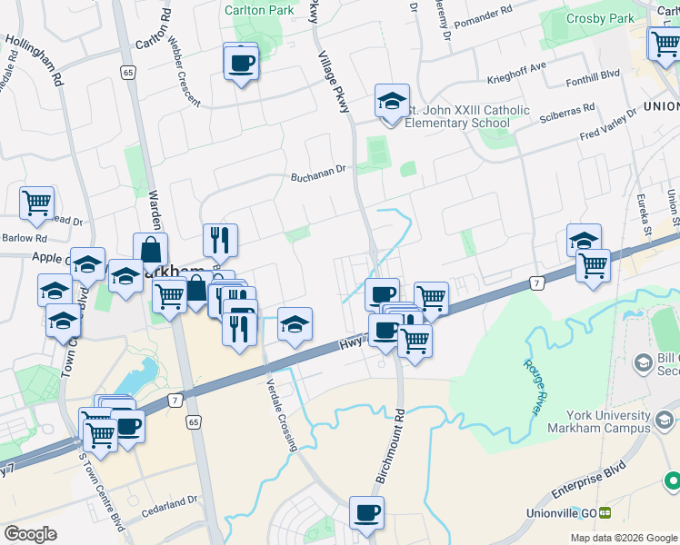 map of restaurants, bars, coffee shops, grocery stores, and more near 84 William Saville Street in Markham